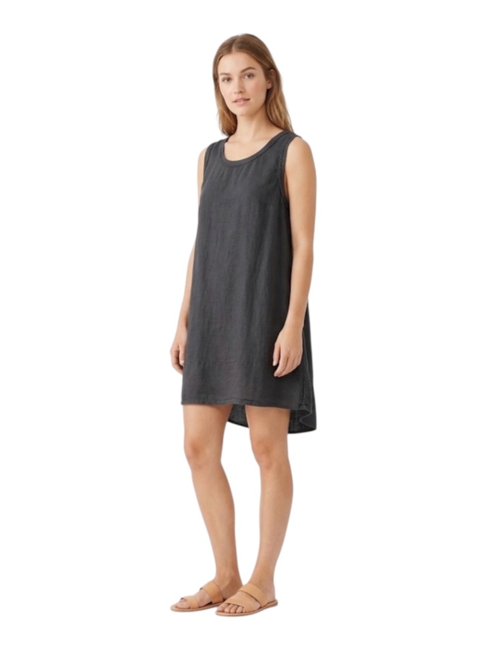 FLAX 100% Linen Sleeveless Tunic Dress Sz M Gray Lagenlook Artisan Effortless